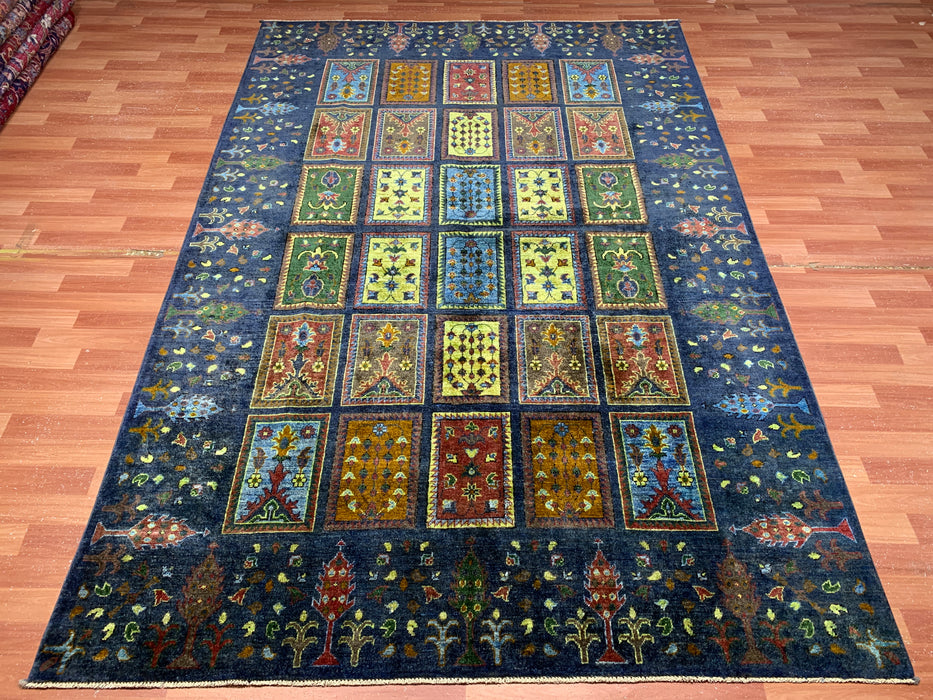 Ultra-zeldzaam handgeknoopt Chobi wollen tapijt, 201 x 297 cm – Blauw tuinpaneelontwerp