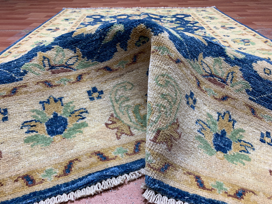 4' × 6' Hand-Knotted Ziegler Wool Rug – Black with Blue & Gold Floral Border