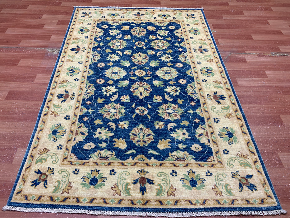 4' × 6' Hand-Knotted Ziegler Wool Rug – Black with Blue & Gold Floral Border