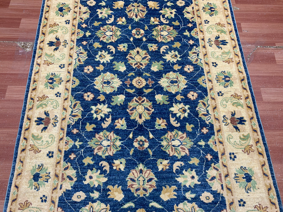4' × 6' Hand-Knotted Ziegler Wool Rug – Black with Blue & Gold Floral Border