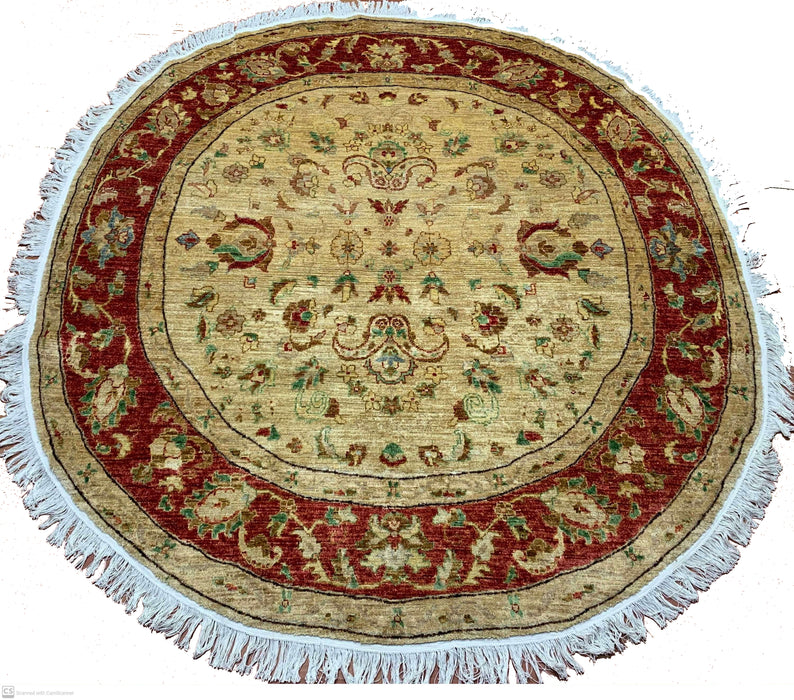 7'1" × 6'9" Hand-Knotted Round Wool Rug – Ivory & Red Floral Medallion