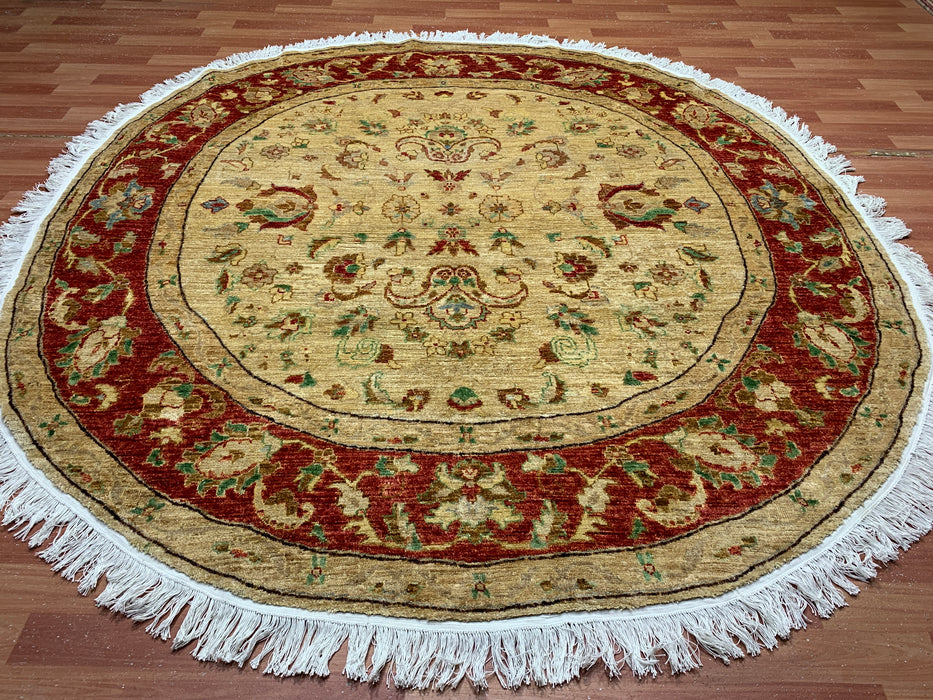7'1" × 6'9" Hand-Knotted Round Wool Rug – Ivory & Red Floral Medallion