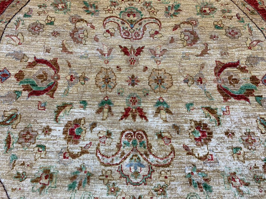 7'1" × 6'9" Hand-Knotted Round Wool Rug – Ivory & Red Floral Medallion