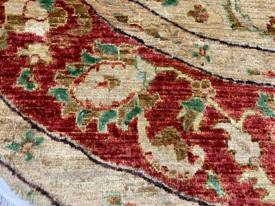 7'1" × 6'9" Hand-Knotted Round Wool Rug – Ivory & Red Floral Medallion