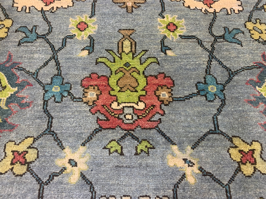 4'10" × 6'8" Hand-Knotted Ziegler Wool Rug – Soft Blue with Multicolor Floral Motifs
