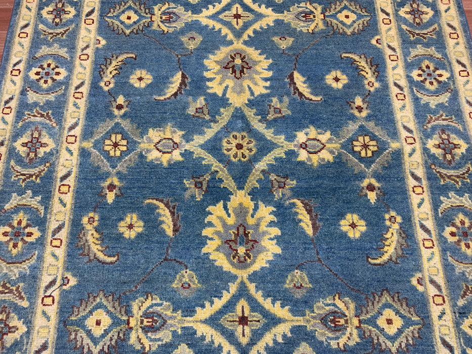 4'0" × 5'11" Hand-Knotted Ziegler Wool Rug – Teal Blue with Golden Floral Border