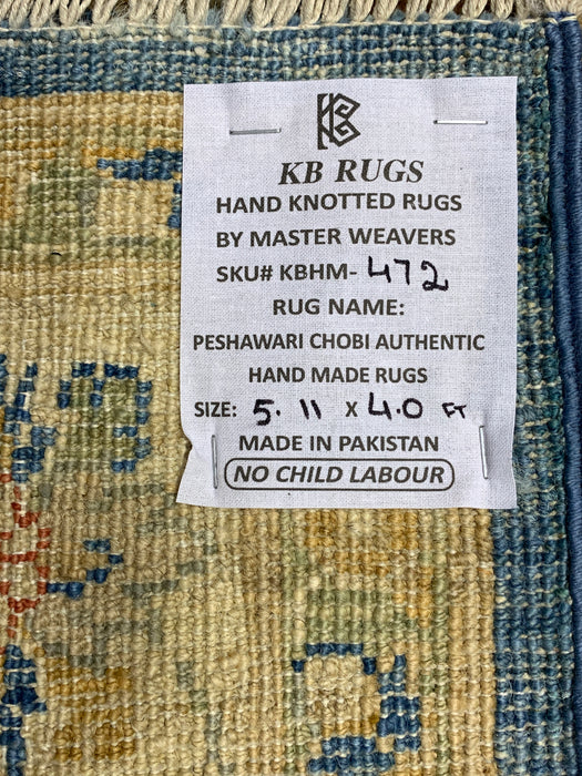 4'0" × 5'11" Handgeknoopt wollen vloerkleed – marineblauw met ivoorkleurige bloemenrand
