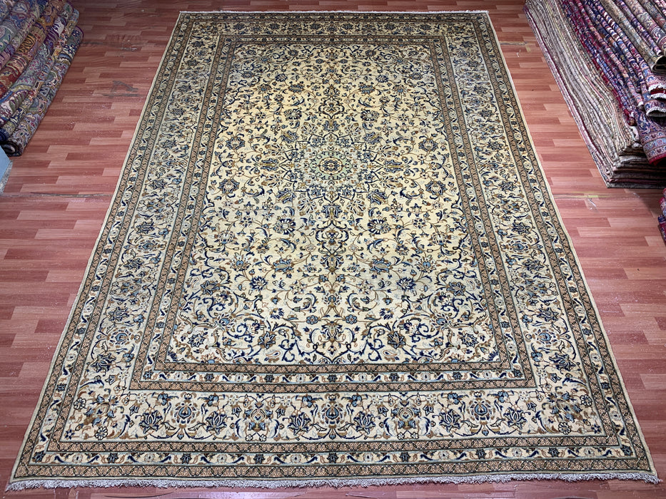 9'6" × 13'5" Hand-Knotted Wool Rug – Persian Kashan Floral Ivory & Blue