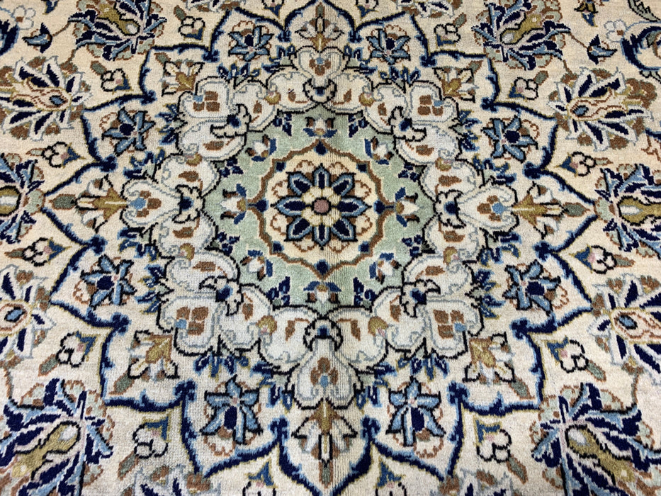 9'6" × 13'5" Hand-Knotted Wool Rug – Persian Kashan Floral Ivory & Blue