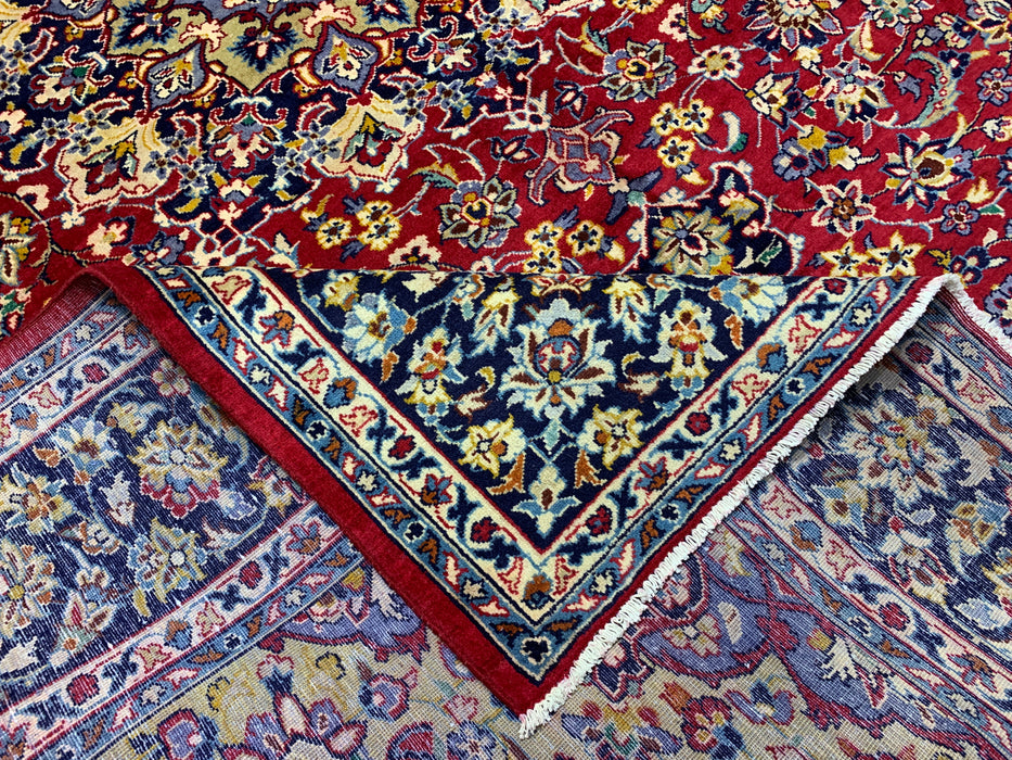 9'10" × 13'1" Hand-Knotted Wool Rug – Persian Red with Navy Floral Border