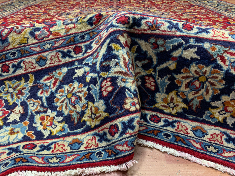 9'10" × 13'1" Hand-Knotted Wool Rug – Persian Red with Navy Floral Border