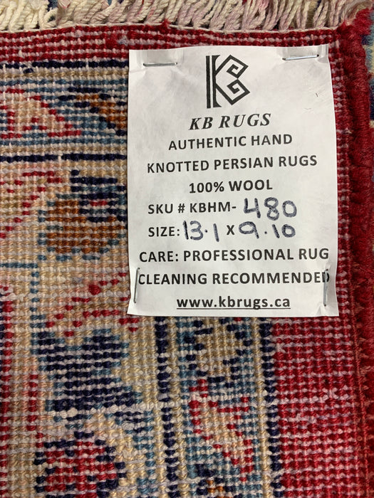 9'10" × 13'1" Hand-Knotted Wool Rug – Persian Red with Navy Floral Border
