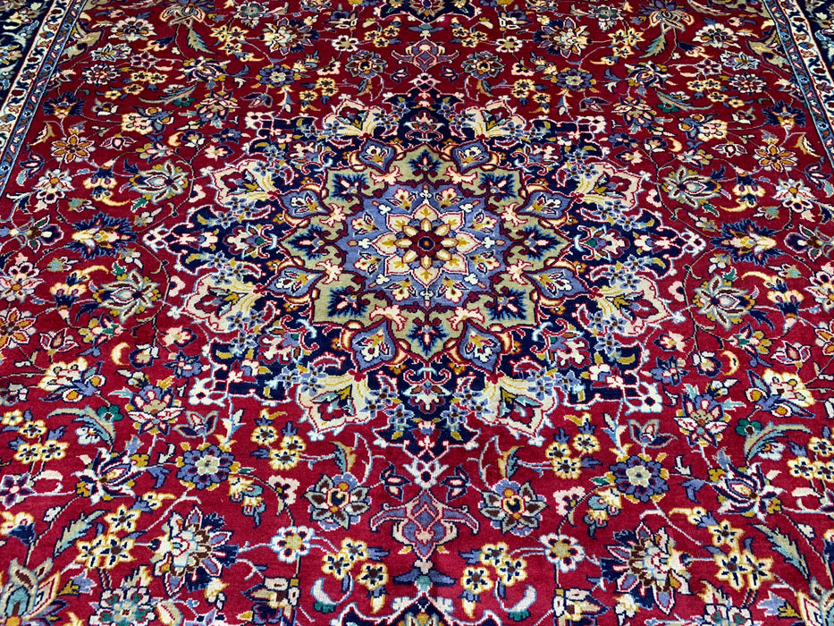 9'10" × 13'1" Hand-Knotted Wool Rug – Persian Red with Navy Floral Border