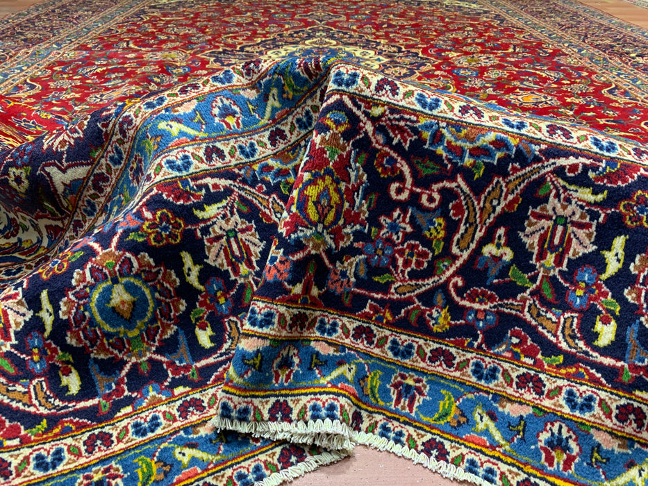 10'1" × 12'10" Handgeknoopt wollen vloerkleed – Perzisch rood medaillon met marineblauwe rand