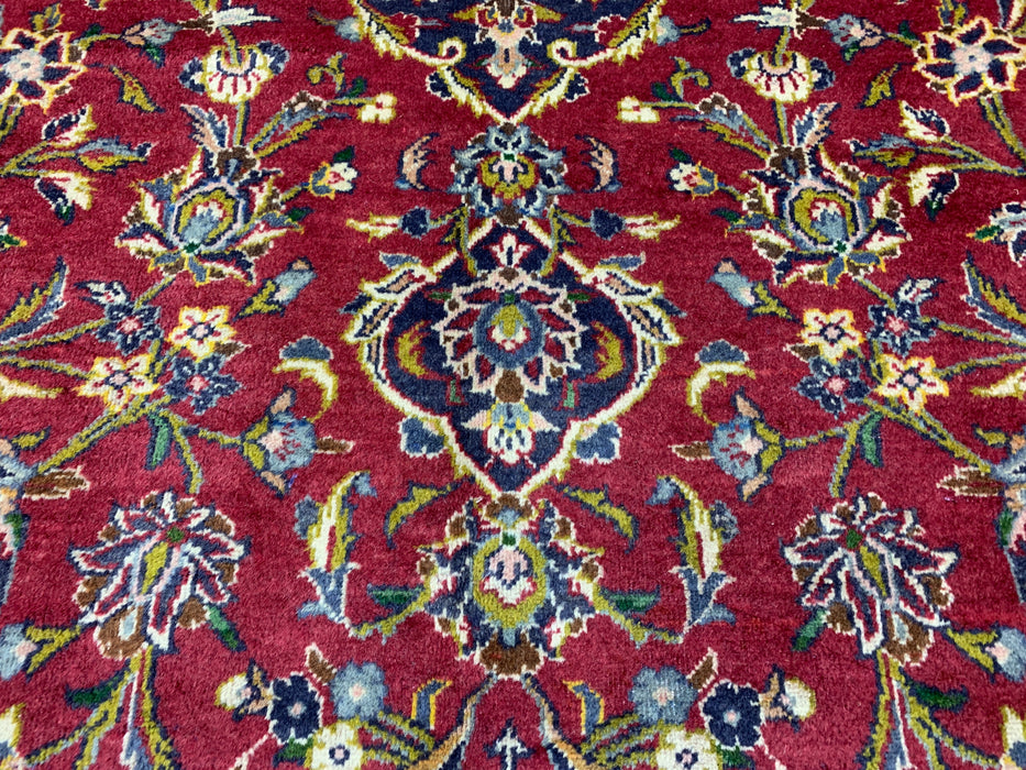 9'7" × 13'2" Hand-Knotted Wool Rug – Persian Red & Navy Floral Medallion Desig