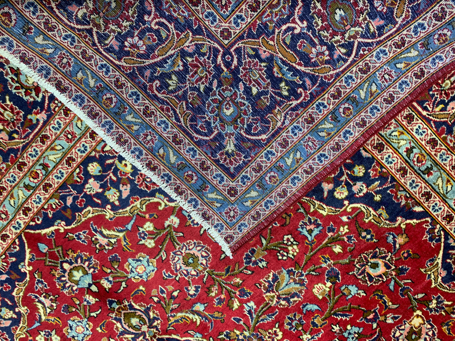10'0" × 14'4" Handgeknoopt wollen tapijt – Rood medaillon met marineblauwe rand