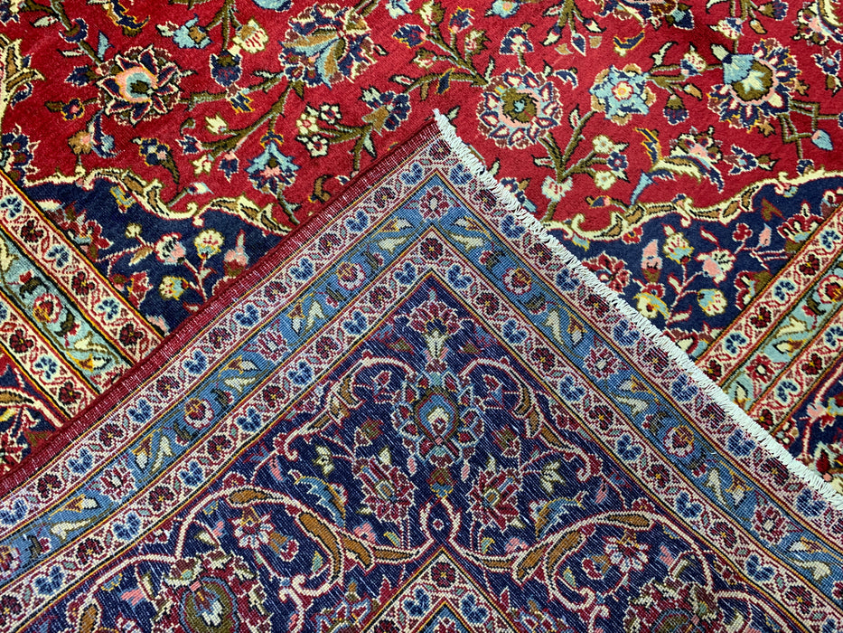 10'0" × 14'4" Handgeknoopt wollen tapijt – Rood medaillon met marineblauwe rand