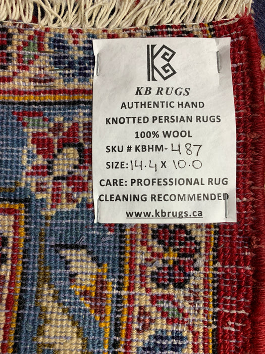 10'0" × 14'4" Handgeknoopt wollen tapijt – Rood medaillon met marineblauwe rand