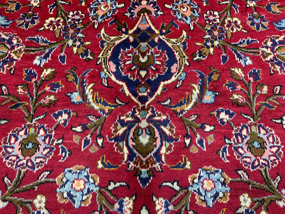 10'0" × 14'4" Handgeknoopt wollen tapijt – Rood medaillon met marineblauwe rand