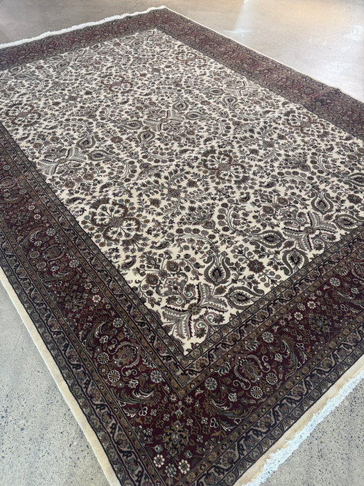 Hand-Knotted Wool Area Rug – Ivory Floral with Deep Brown Border – 10' x 14'