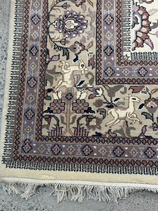 Hand-Knotted Palace-Style Wool Rug – Ivory Floral with Animal Motifs – 10' x 13'8"