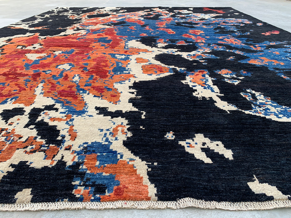 12'9 x 10'1 handgeknoopt Pesjwari Chobi wollen vloerkleed - Modern abstract zwart blauw roestkleurig vloerkleed - KBHM-517
