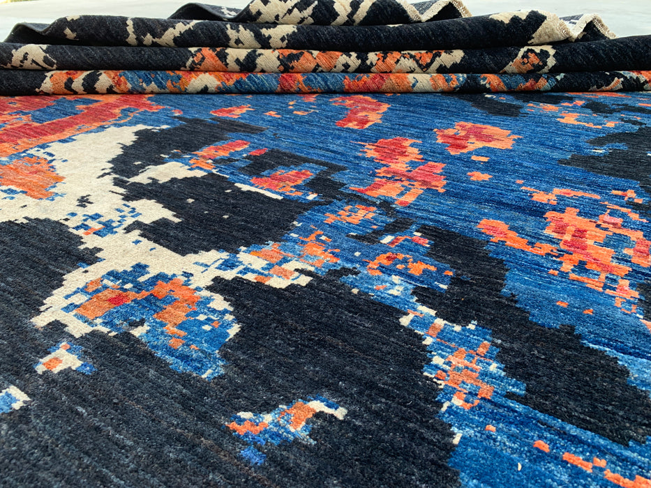 12'9 x 10'1 handgeknoopt Pesjwari Chobi wollen vloerkleed - Modern abstract zwart blauw roestkleurig vloerkleed - KBHM-517