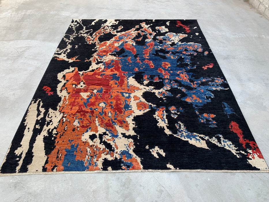 12'9 x 10'1 handgeknoopt Pesjwari Chobi wollen vloerkleed - Modern abstract zwart blauw roestkleurig vloerkleed - KBHM-517