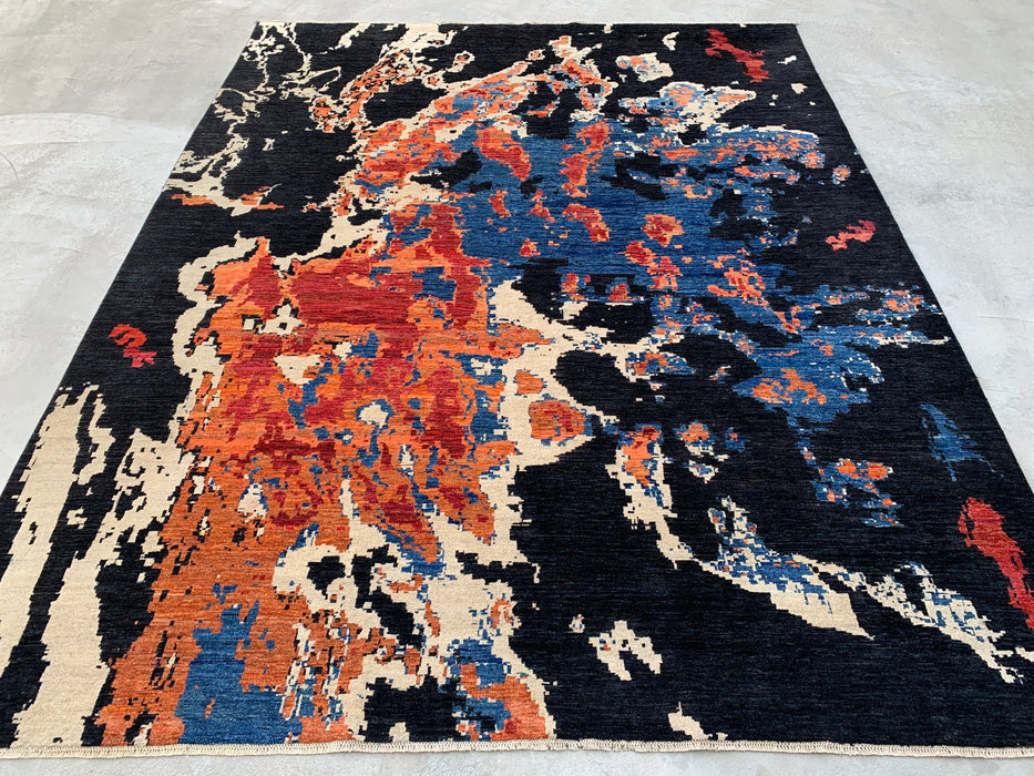 12'9 x 10'1 handgeknoopt Pesjwari Chobi wollen vloerkleed - Modern abstract zwart blauw roestkleurig vloerkleed - KBHM-517