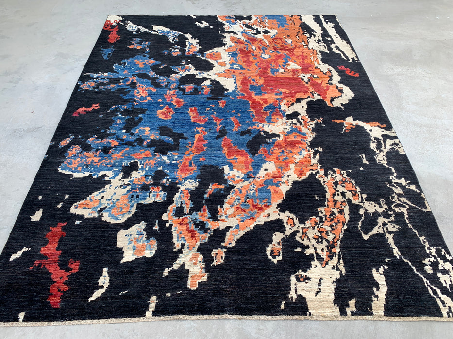 12'9 x 10'1 handgeknoopt Pesjwari Chobi wollen vloerkleed - Modern abstract zwart blauw roestkleurig vloerkleed - KBHM-517