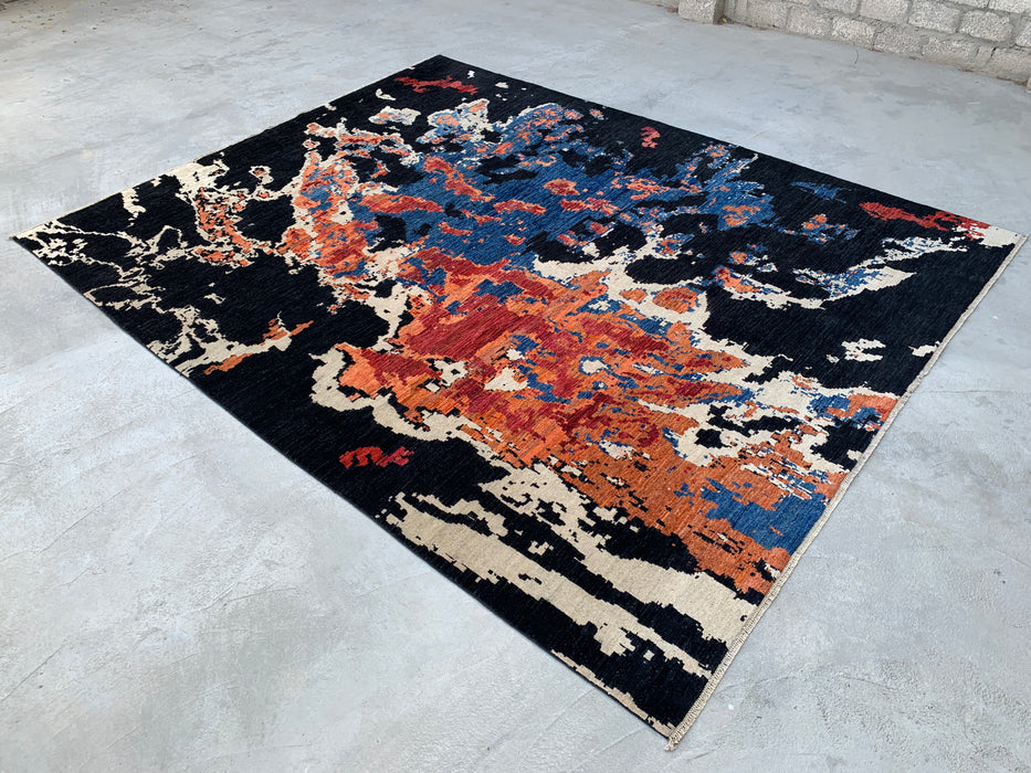 12'9 x 10'1 handgeknoopt Pesjwari Chobi wollen vloerkleed - Modern abstract zwart blauw roestkleurig vloerkleed - KBHM-517