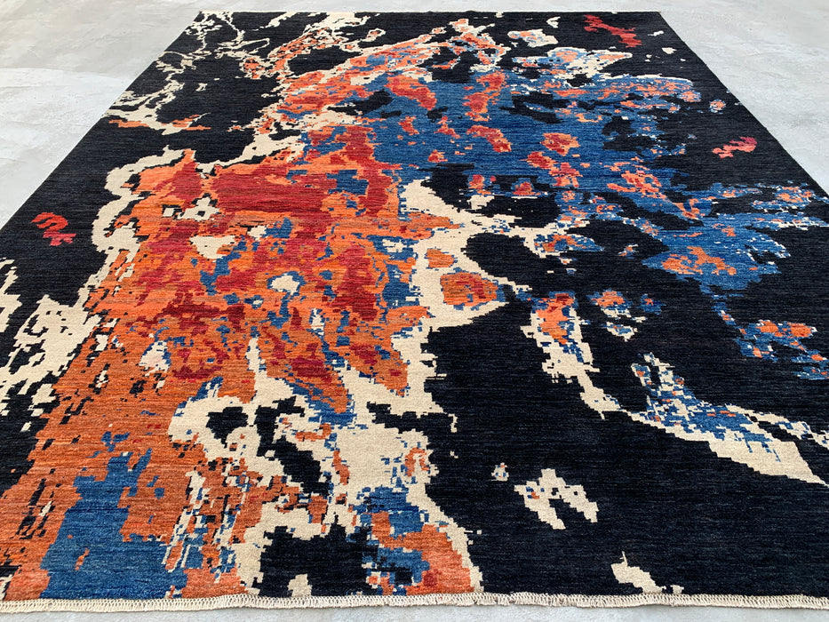 12'9 x 10'1 handgeknoopt Pesjwari Chobi wollen vloerkleed - Modern abstract zwart blauw roestkleurig vloerkleed - KBHM-517