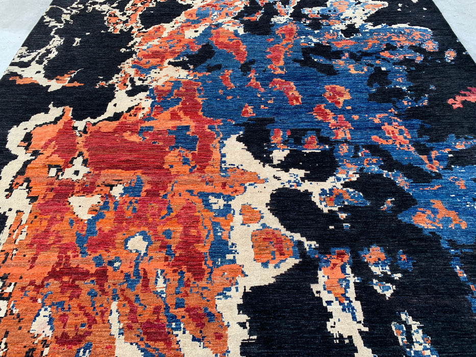 12'9 x 10'1 handgeknoopt Pesjwari Chobi wollen vloerkleed - Modern abstract zwart blauw roestkleurig vloerkleed - KBHM-517