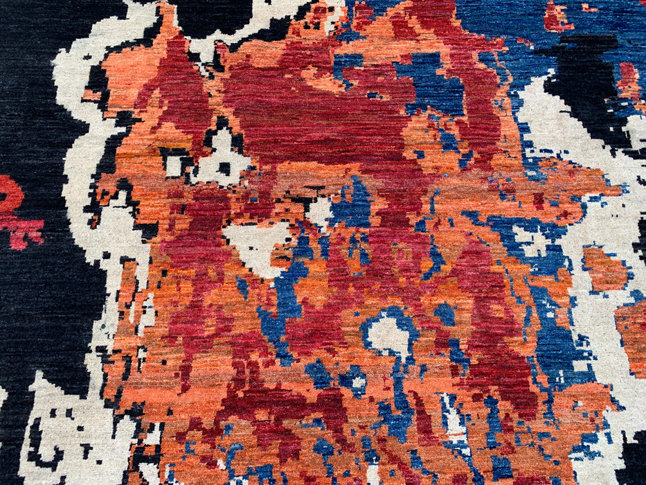 12'9 x 10'1 handgeknoopt Pesjwari Chobi wollen vloerkleed - Modern abstract zwart blauw roestkleurig vloerkleed - KBHM-517