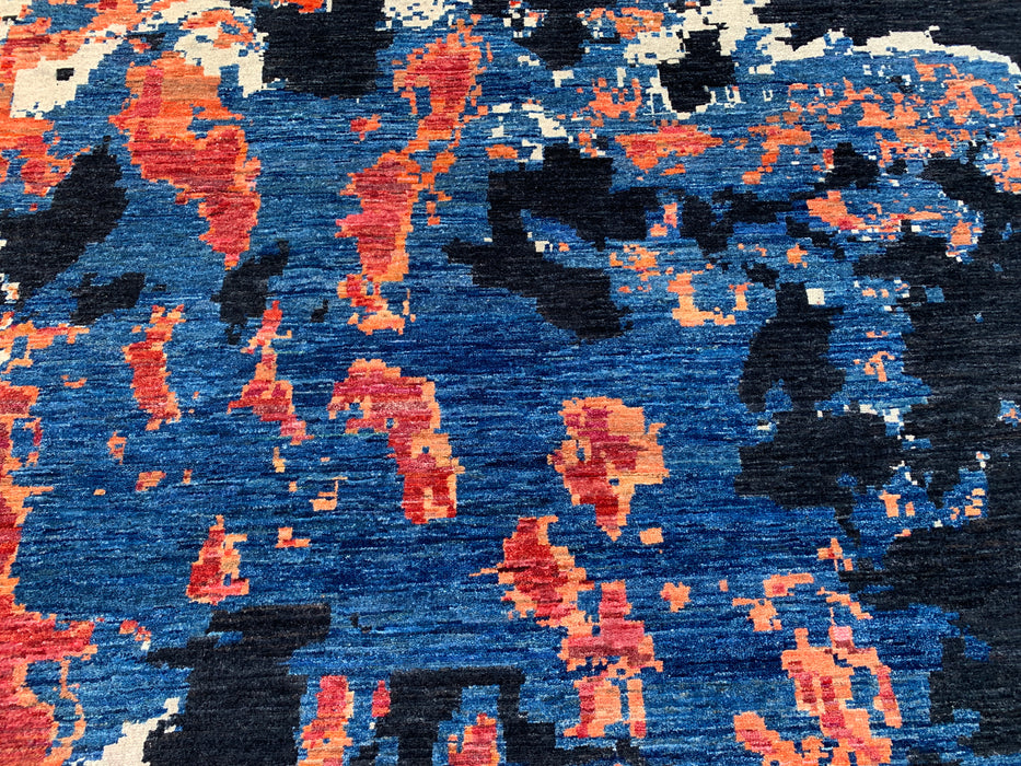 12'9 x 10'1 handgeknoopt Pesjwari Chobi wollen vloerkleed - Modern abstract zwart blauw roestkleurig vloerkleed - KBHM-517