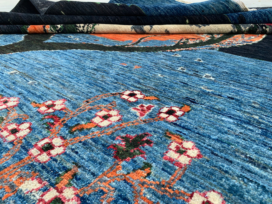9'7 x 8'2 Handgeknoopt Pesjwari Chobi wollen tapijt - Blauw 'Tree of Life' picturaal vloerkleed - KBHM-520