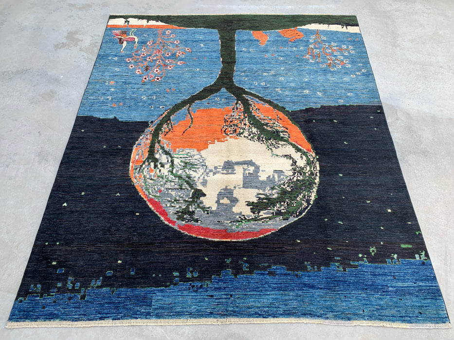 9'7 x 8'2 Handgeknoopt Pesjwari Chobi wollen tapijt - Blauw 'Tree of Life' picturaal vloerkleed - KBHM-520