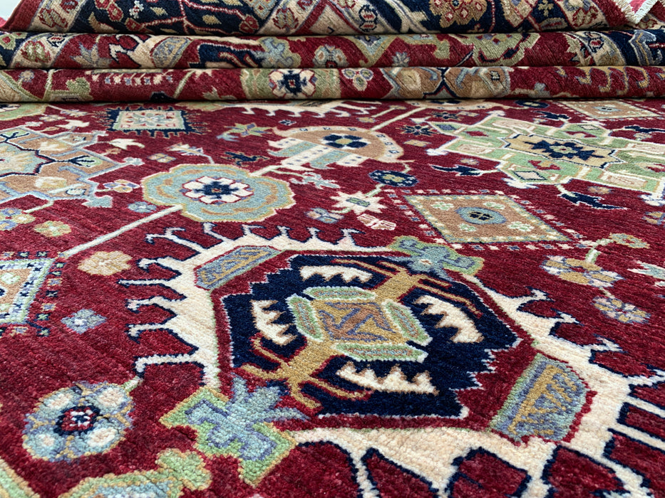 9'8 x 8'1 Handgeknoopt Peshawari Chobi wollen tapijt - Rood tribaal traditioneel vloerkleed - KBHM-521