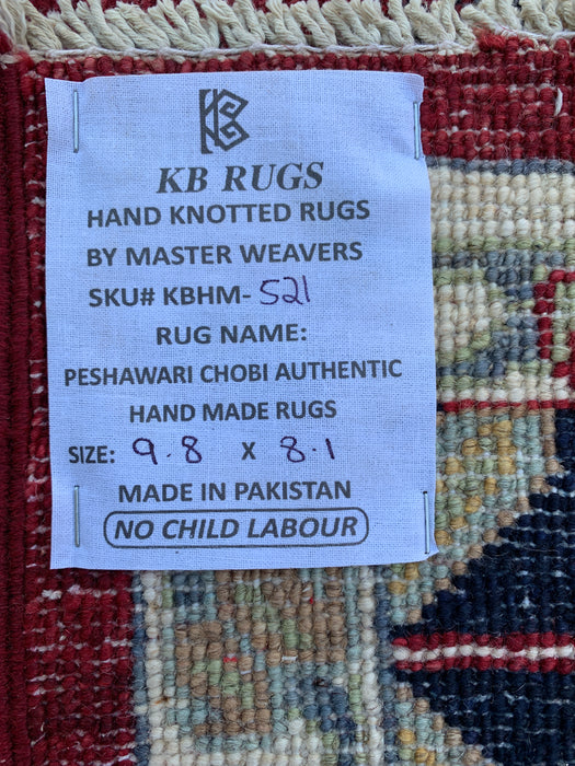9'8 x 8'1 Handgeknoopt Peshawari Chobi wollen tapijt - Rood tribaal traditioneel vloerkleed - KBHM-521