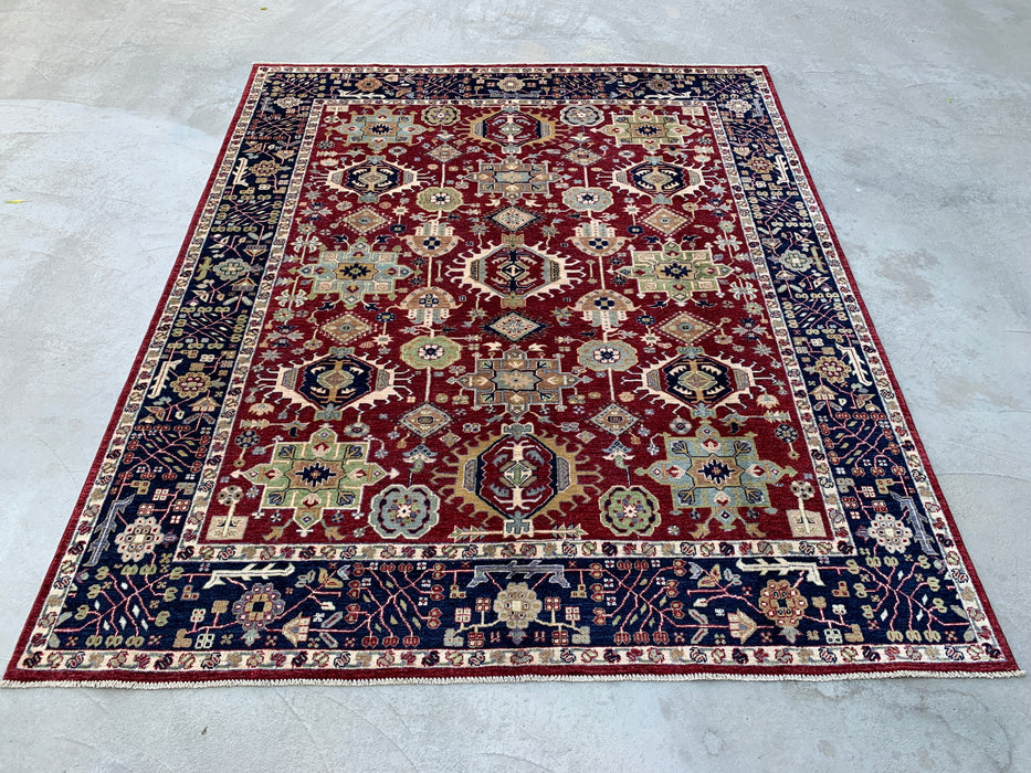 9'8 x 8'1 Handgeknoopt Peshawari Chobi wollen tapijt - Rood tribaal traditioneel vloerkleed - KBHM-521