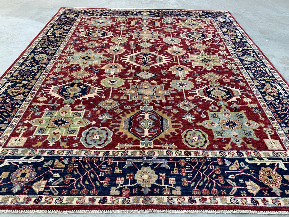 9'8 x 8'1 Handgeknoopt Peshawari Chobi wollen tapijt - Rood tribaal traditioneel vloerkleed - KBHM-521