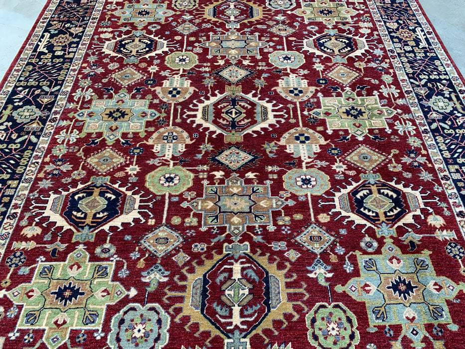 9'8 x 8'1 Handgeknoopt Peshawari Chobi wollen tapijt - Rood tribaal traditioneel vloerkleed - KBHM-521