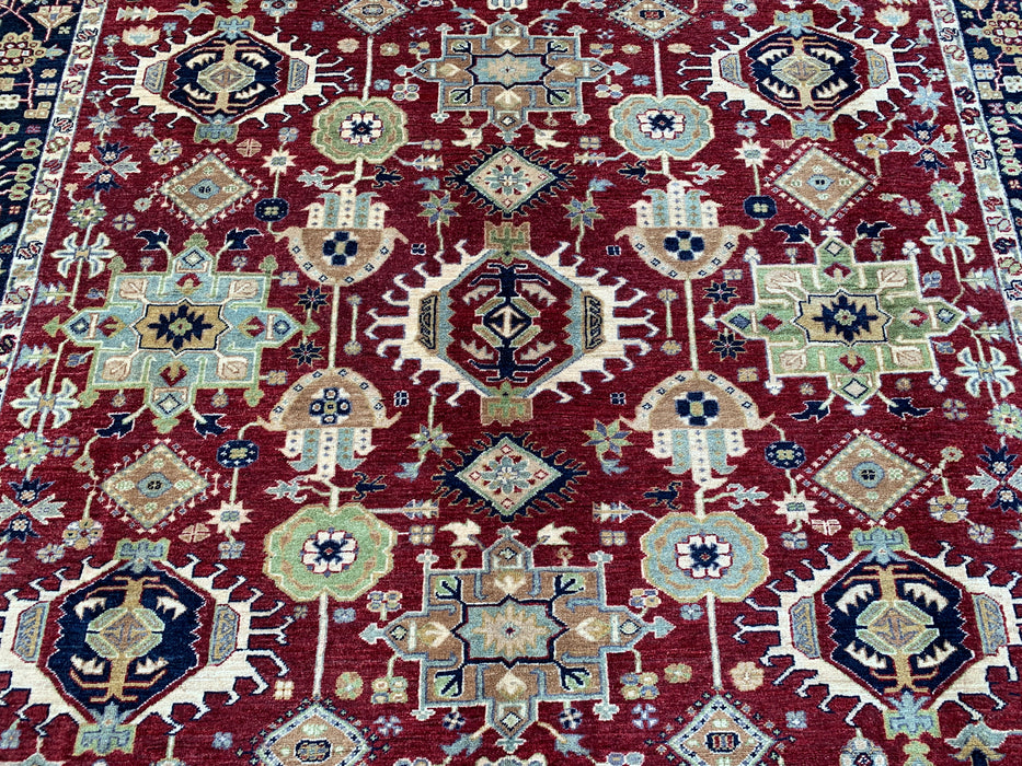 9'8 x 8'1 Handgeknoopt Peshawari Chobi wollen tapijt - Rood tribaal traditioneel vloerkleed - KBHM-521