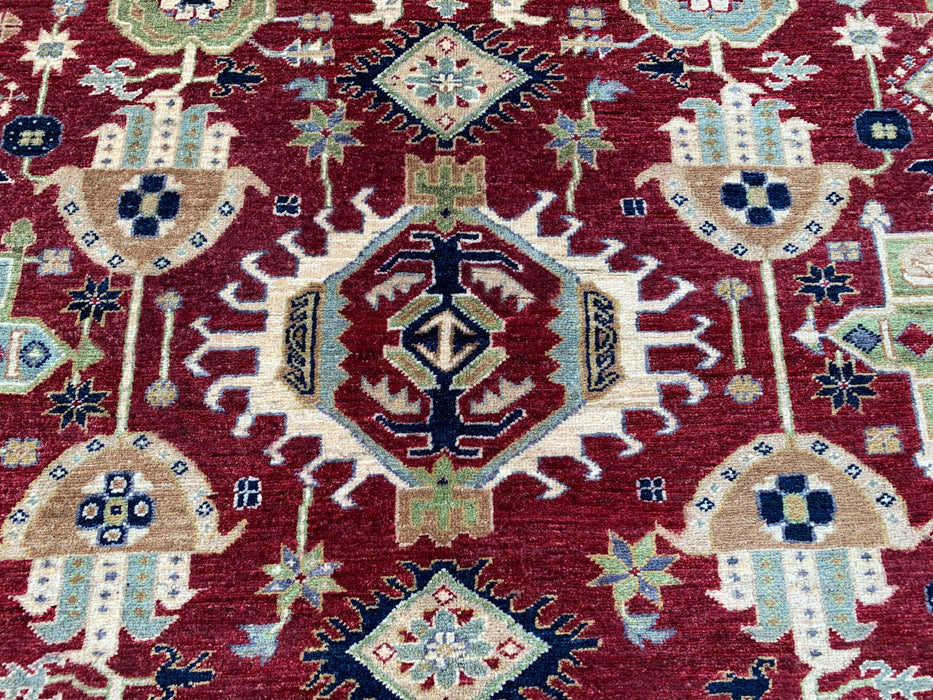 9'8 x 8'1 Handgeknoopt Peshawari Chobi wollen tapijt - Rood tribaal traditioneel vloerkleed - KBHM-521