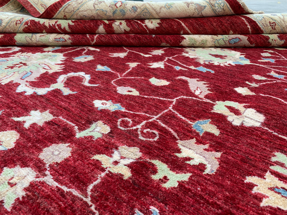292 x 246 cm handgeknoopt Peshawari Chobi wollen tapijt - Rood traditioneel bloemenkarpet - KBHM-522
