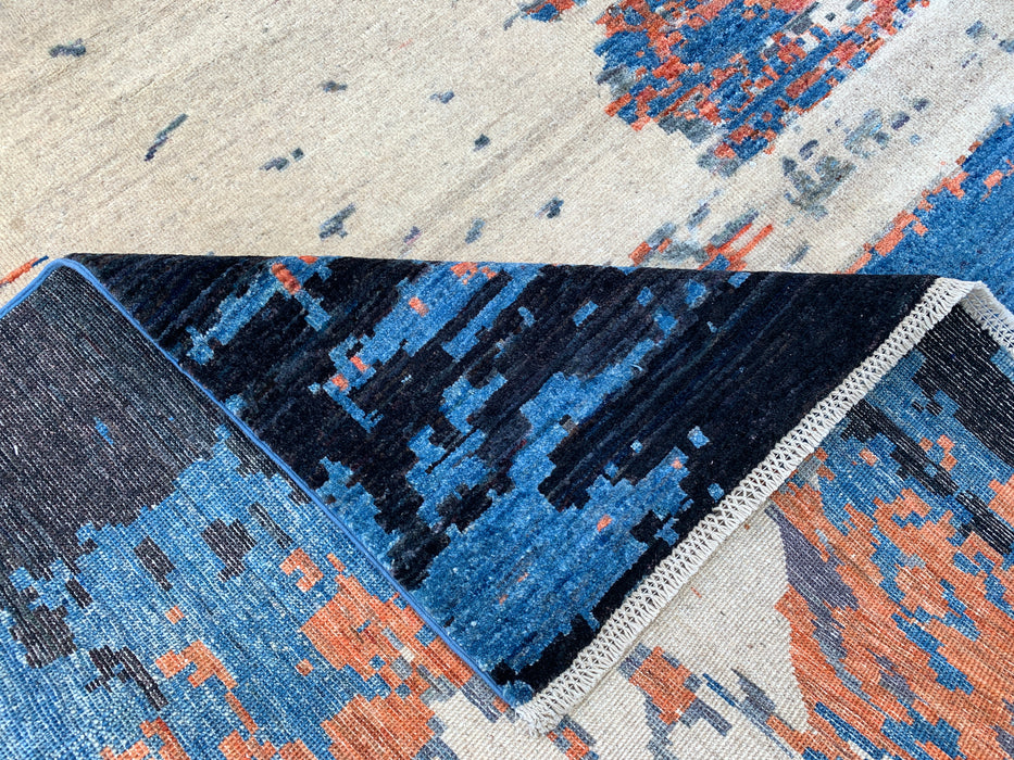9'7 x 7'10 handgeknoopt Peshawari Chobi wollen tapijt - Modern abstract vloerkleed in blauw, ivoor en roest - KBHM-523