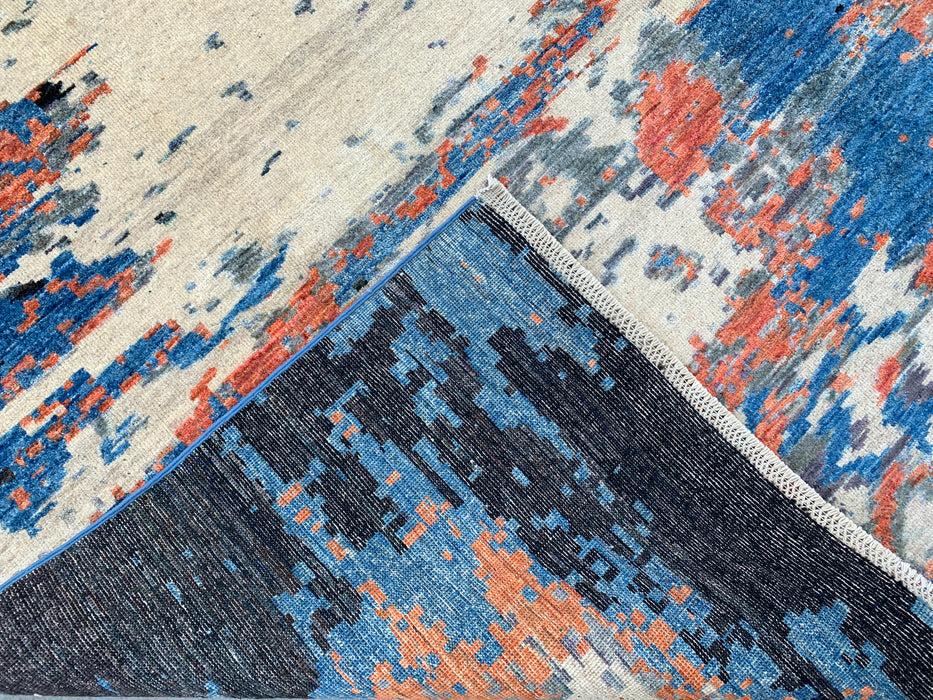 9'7 x 7'10 handgeknoopt Peshawari Chobi wollen tapijt - Modern abstract vloerkleed in blauw, ivoor en roest - KBHM-523