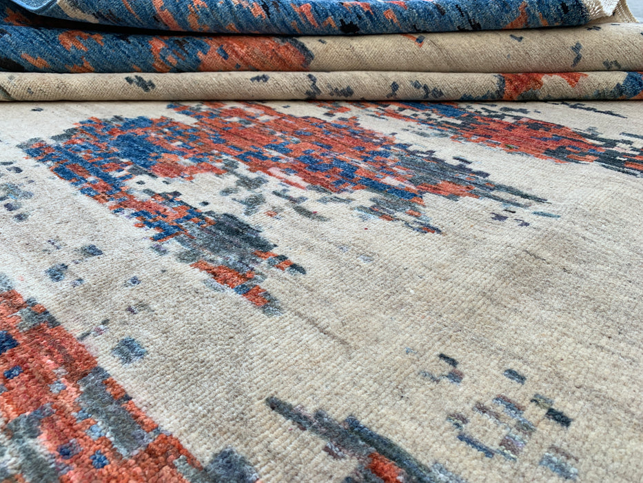 9'7 x 7'10 handgeknoopt Peshawari Chobi wollen tapijt - Modern abstract vloerkleed in blauw, ivoor en roest - KBHM-523