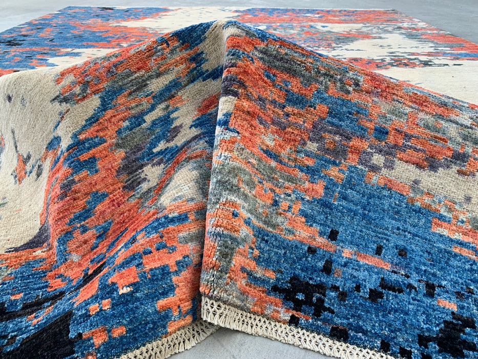 9'7 x 7'10 handgeknoopt Peshawari Chobi wollen tapijt - Modern abstract vloerkleed in blauw, ivoor en roest - KBHM-523