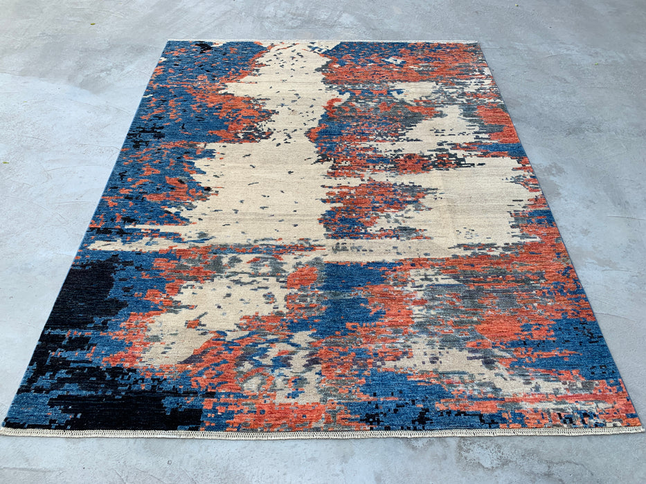 9'7 x 7'10 handgeknoopt Peshawari Chobi wollen tapijt - Modern abstract vloerkleed in blauw, ivoor en roest - KBHM-523